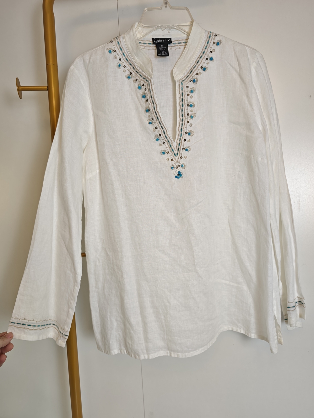 Embroidered Rafaella Linen Tunic Top Womens 12 White Teal Y2K Vintage Split Neck